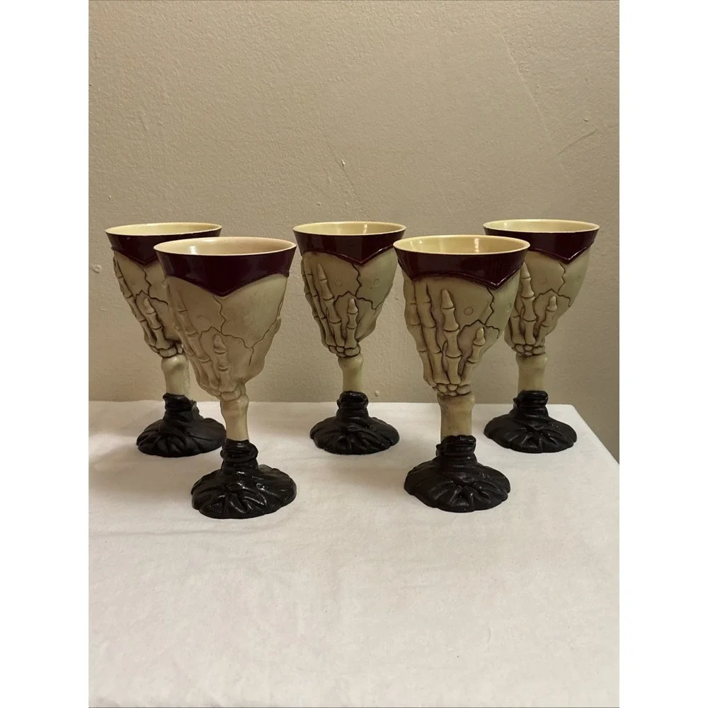 Halloween Skeleton Skull Plastic Spooky Scary Goblets Wine Glasses Set of 5
